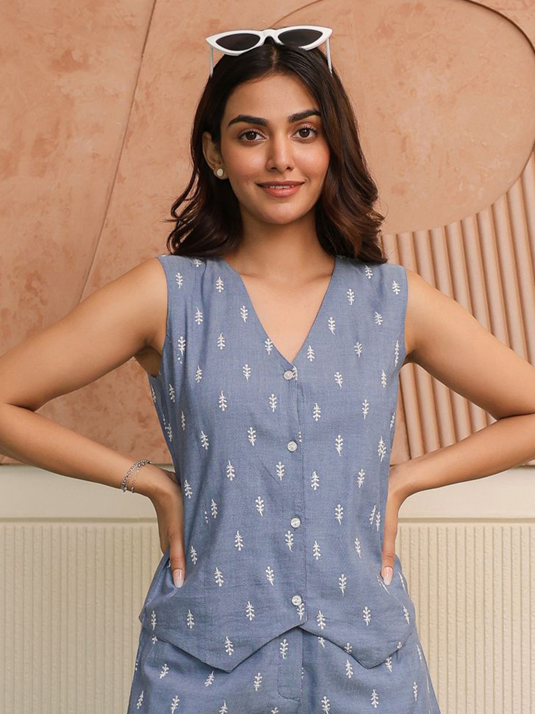 B'Infinite Keep It Casual Floral Embroidered Cotton Denim Top