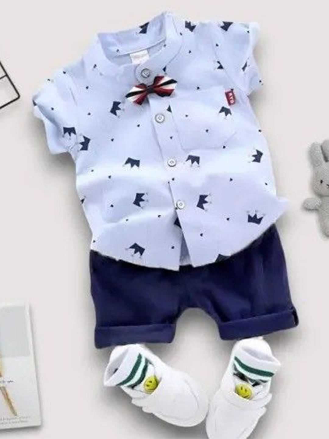 GLAM ELEGANCE Kids Printed Band Collar Shirt With Shorts