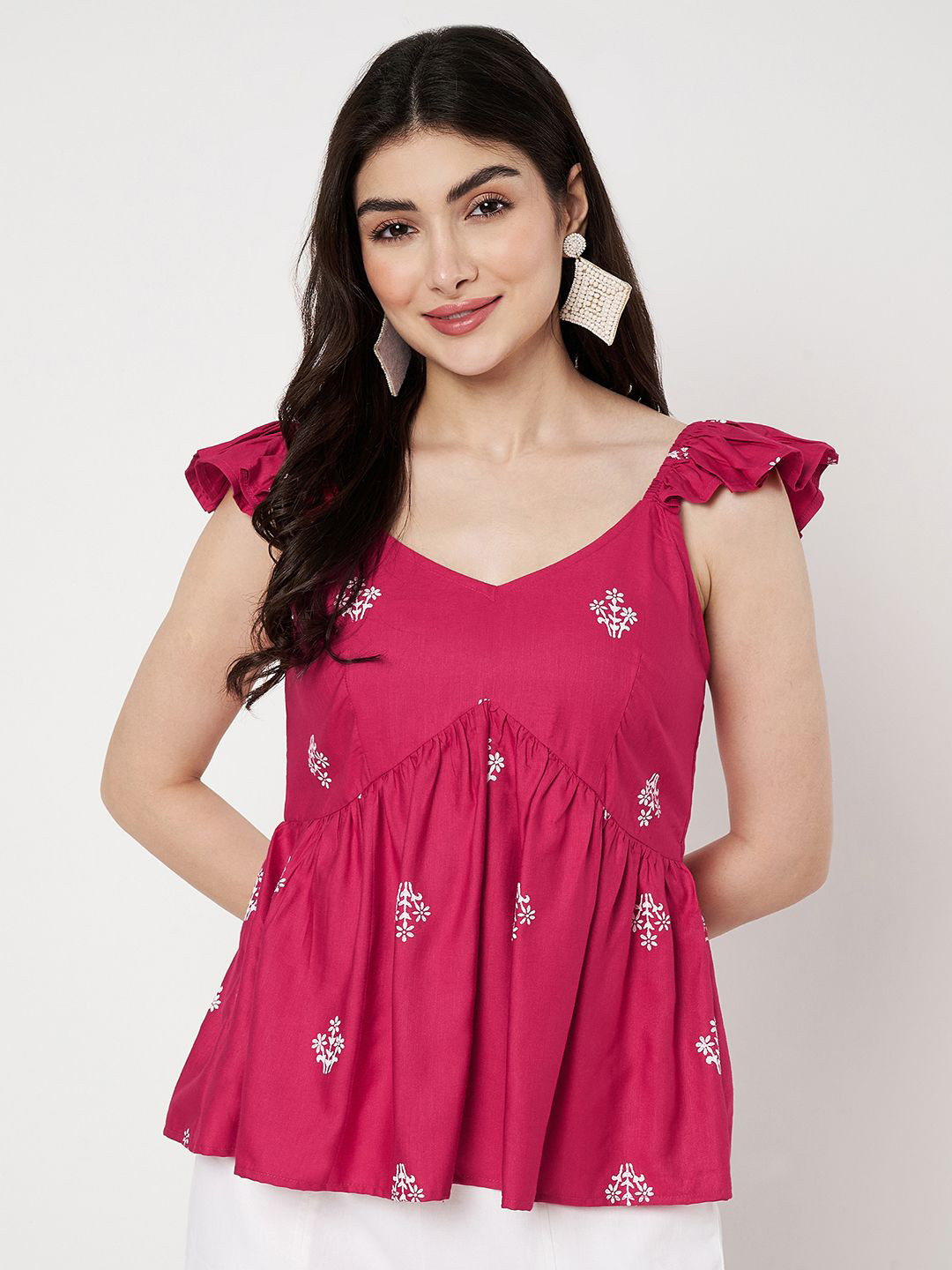 9rasa Floral Printed Gathered Or Pleated Sleeveless Peplum Top