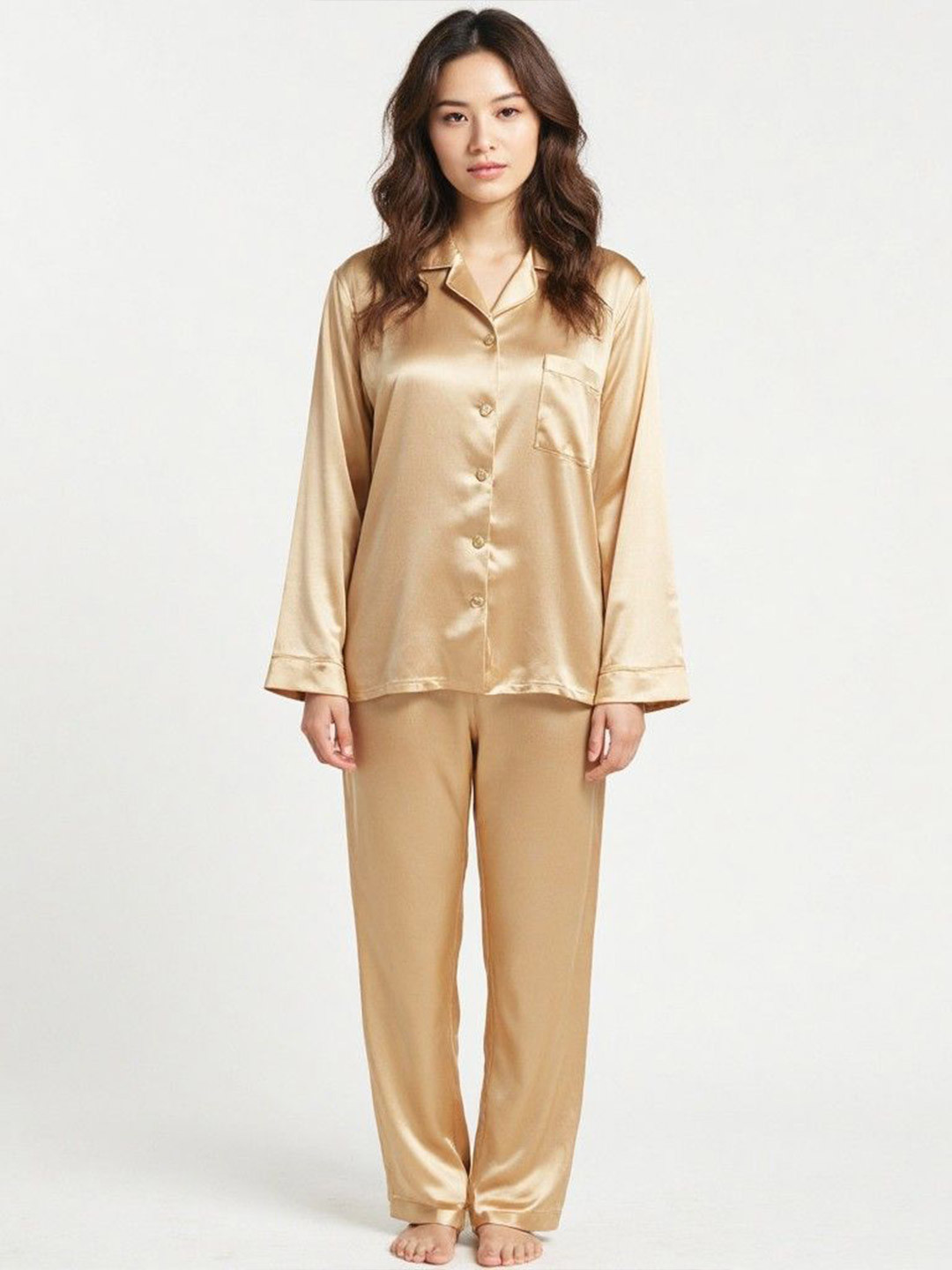 DEHMAN Women Shirt Pyjamas Shirt Collar Pure Silk Night suit