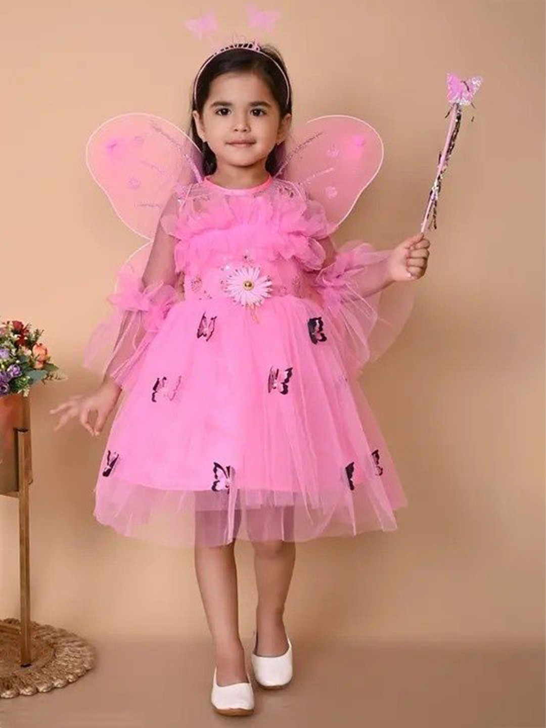 VILLATA FASHION Floral Flared Sleeve Net Fit & Flare Dress