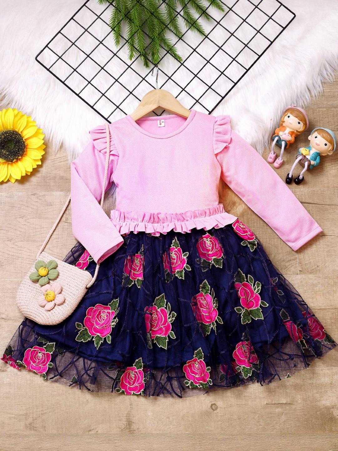 Hikuj Floral Embroidered Puff Sleeve Velvet Balloon Dress