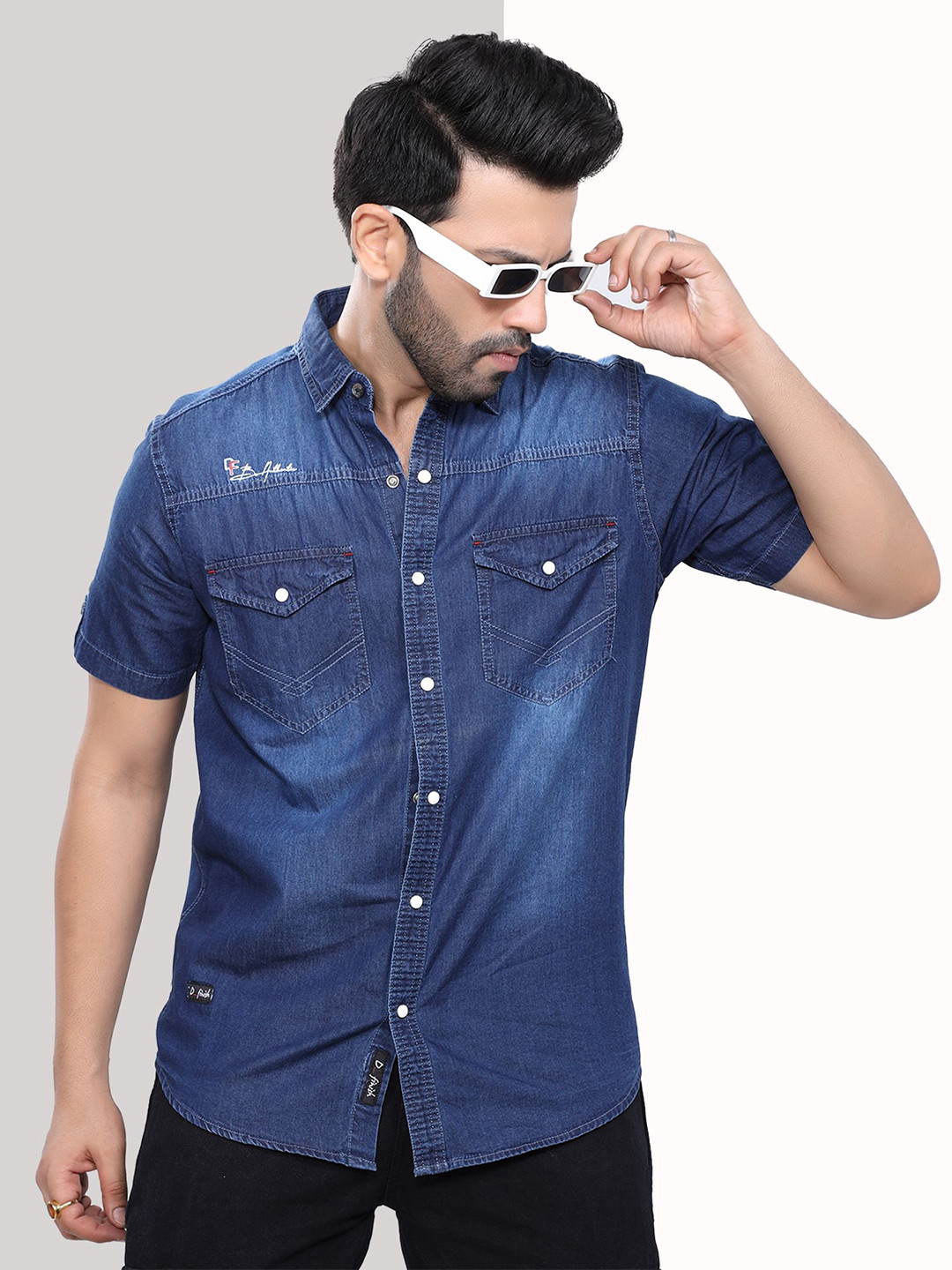 D Finish Smart Denim Double Pocket Half Sleeve Casual Shirt