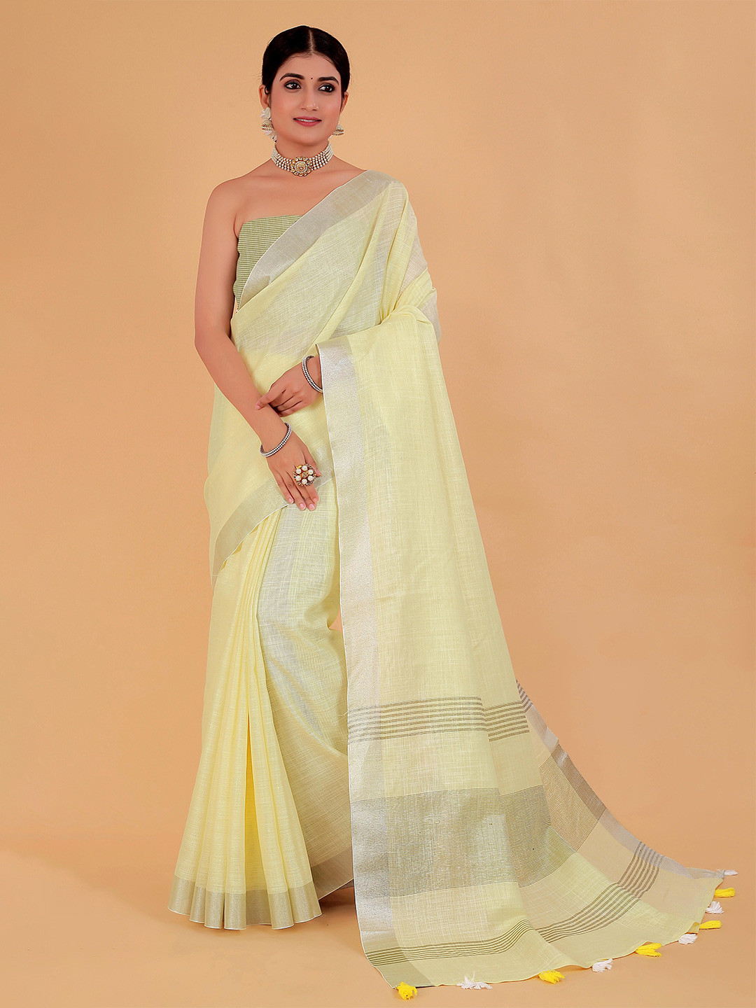 NEGRONI Women Solid Zari B order Pure Linen Pastels Saree