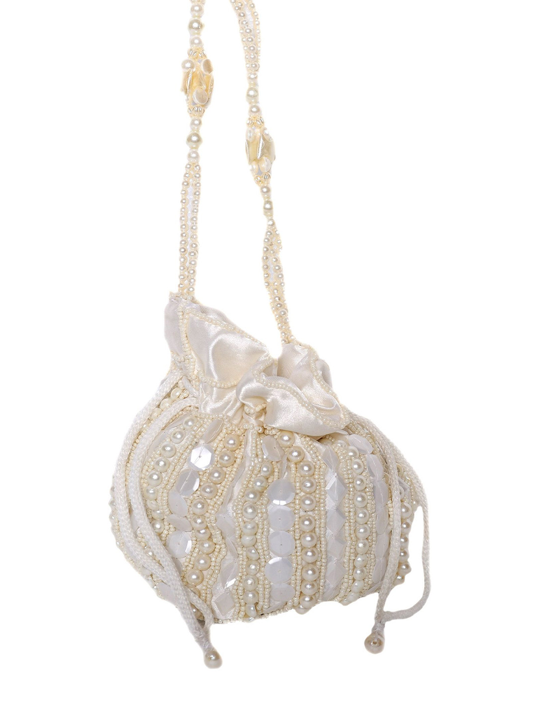 Exotic India Embroidered Beads and Faux Pearls Satin Potli Bag