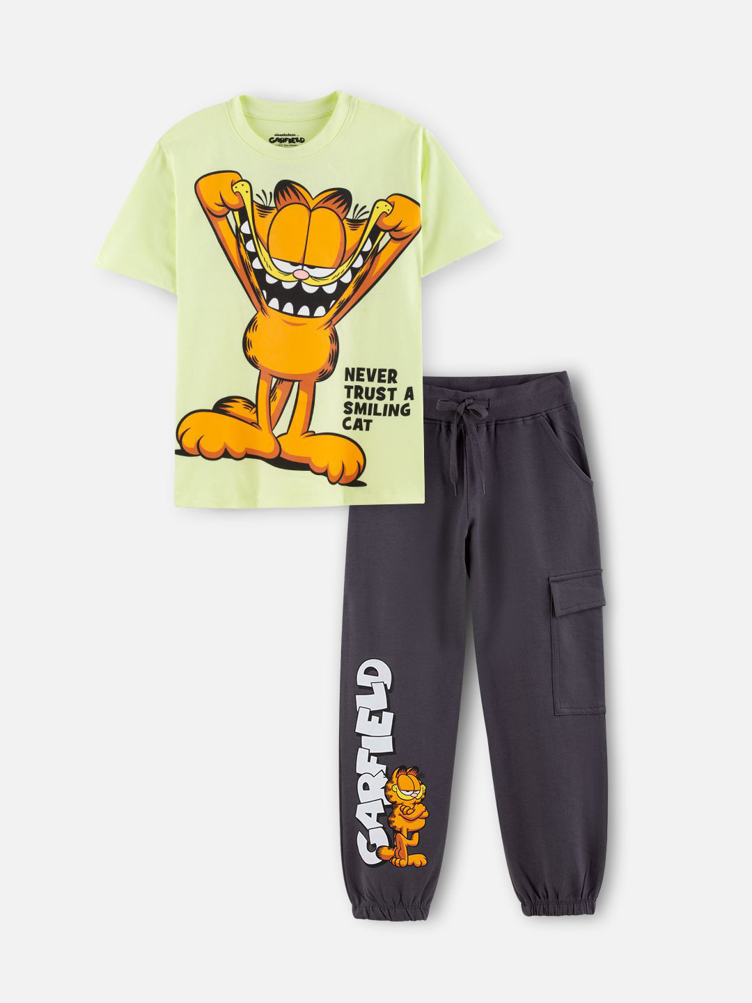 Nap Chief Kids Unisex Garfield Smiling Cat Printed Pure Cotton T-Shirt & Cargo Jogger Set