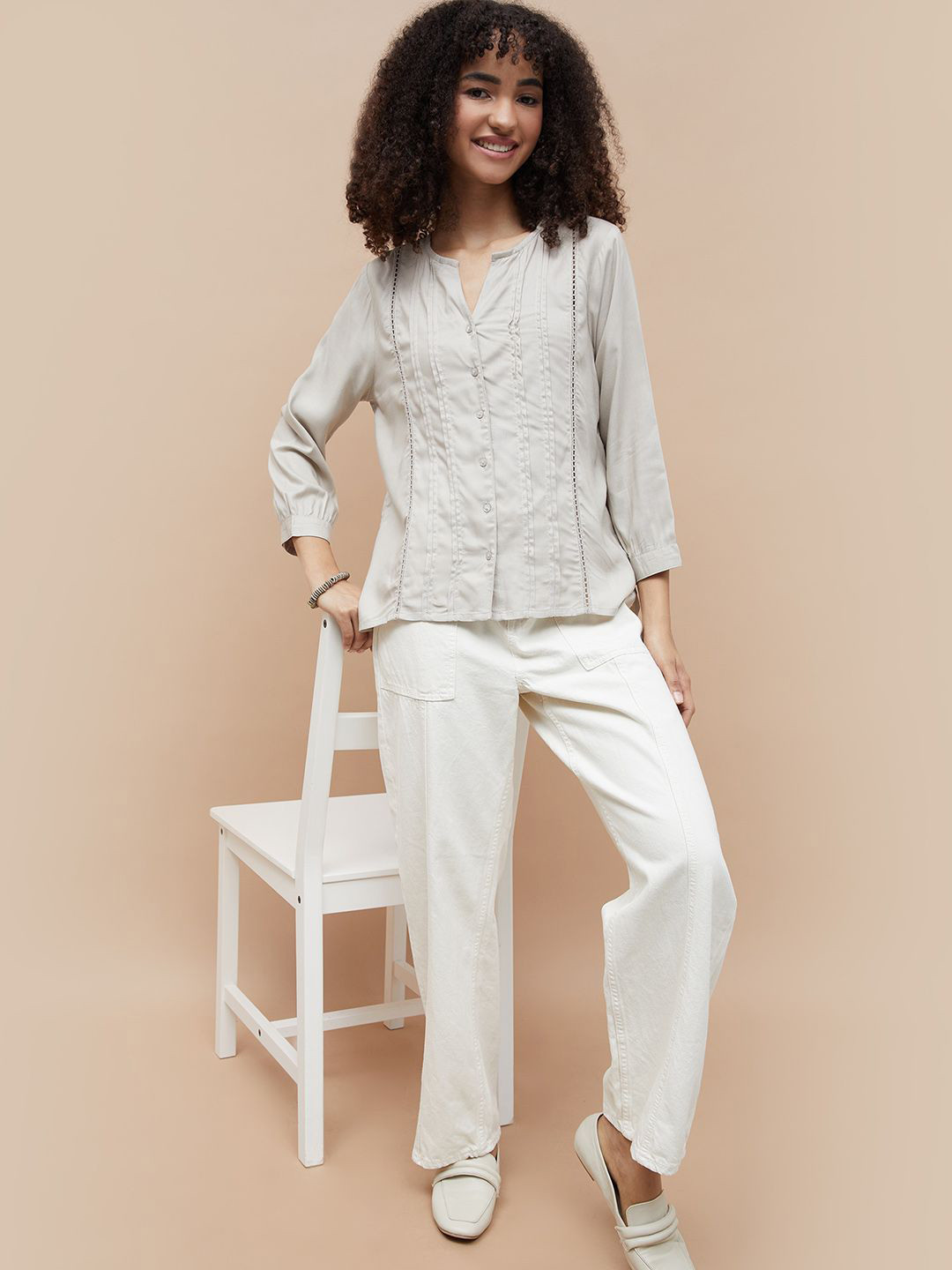 Fame Forever by Lifestyle Women Solid Self Design Cuffed Sleeves Regular Top