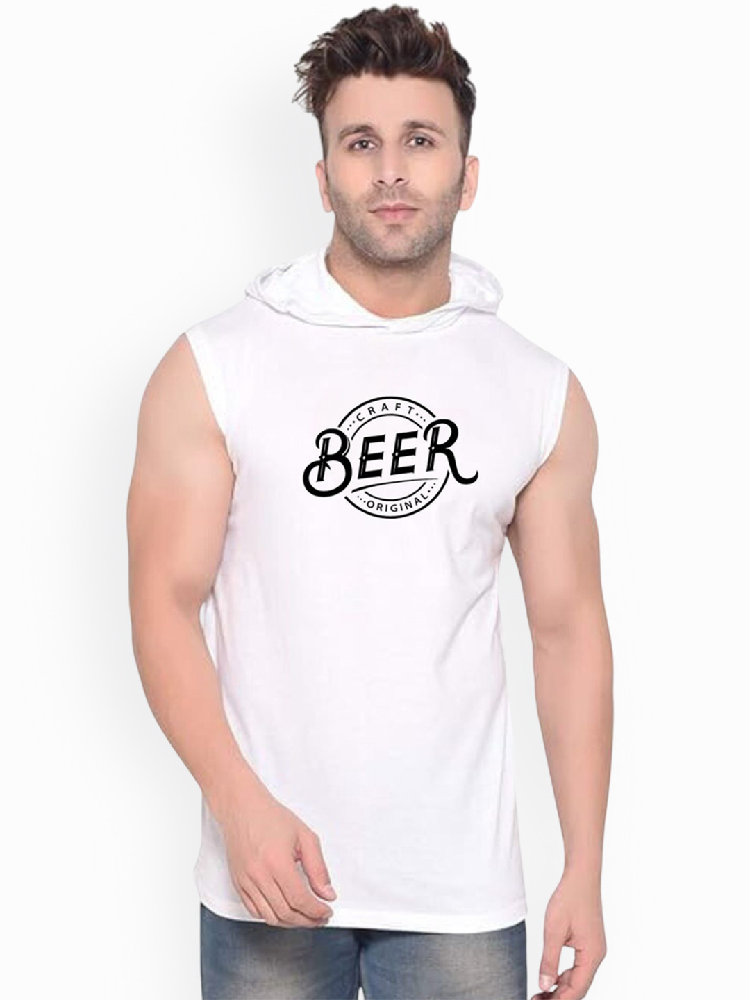FABSTIEVE Beer Printed Cotton Hooded Neck Basic Gym-Vest