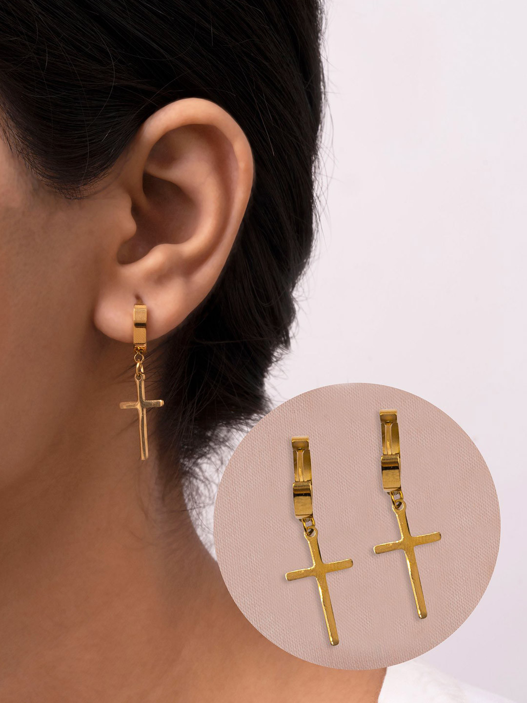 ARTKLIM Gold Plated Stainless Steel Contemporary Cross Hoops Earrings