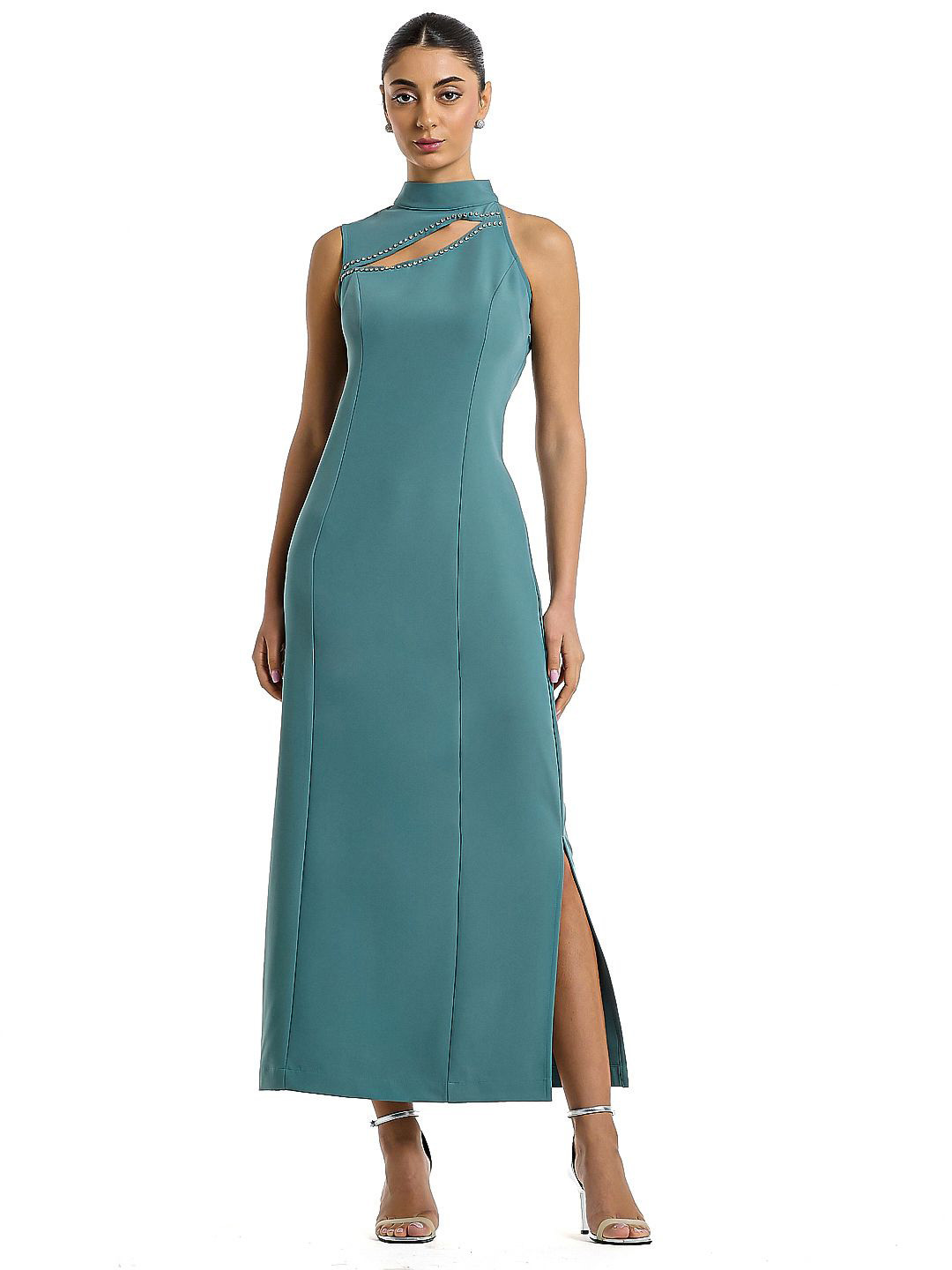 BCBG Sheath Embellished Mock Neck Maxi Dress