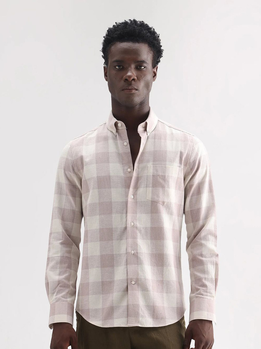 RARE RABBIT Men Comfort Fit Buffalo Checked Button-Down Collar Linen Casual Shirt