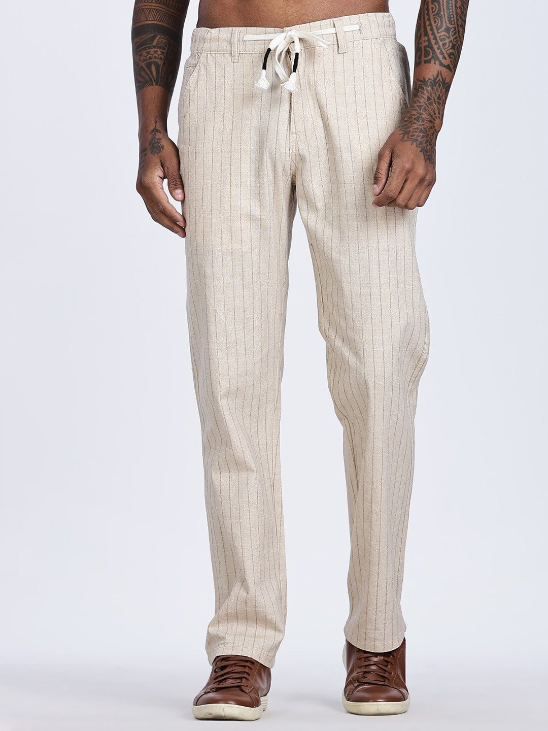 BEVDAAS Men Striped Comfort Relaxed Fit Mid-Rise Trouser