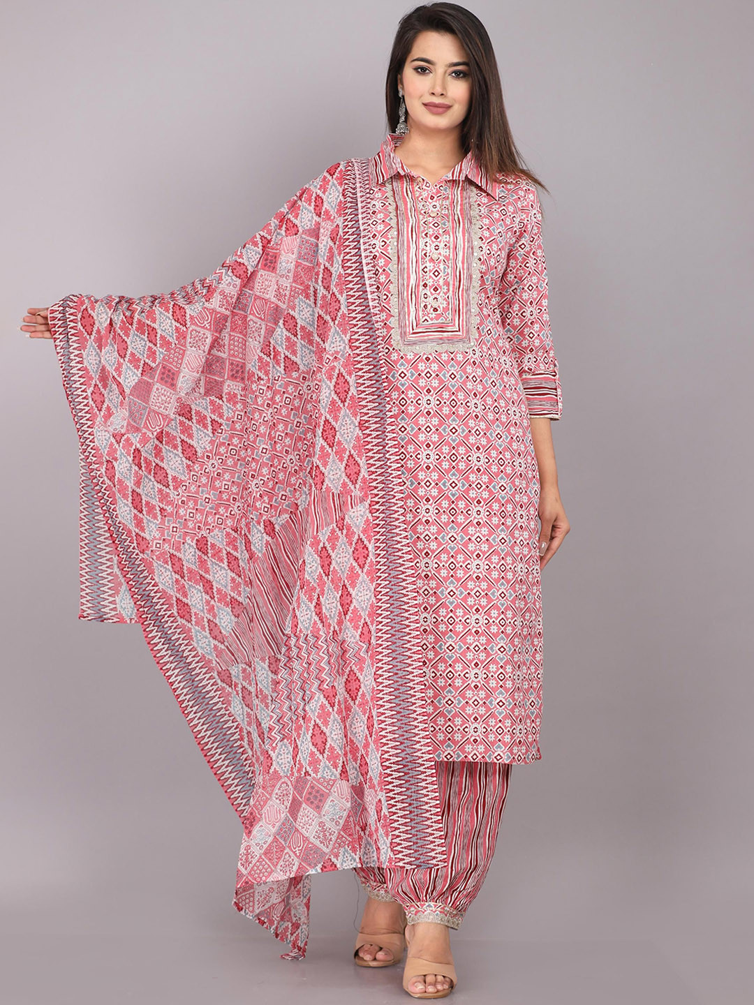 OH MI DIOS Floral Printed Shirt Collar Pure Cotton Straight Kurta With Salwar & Dupatta
