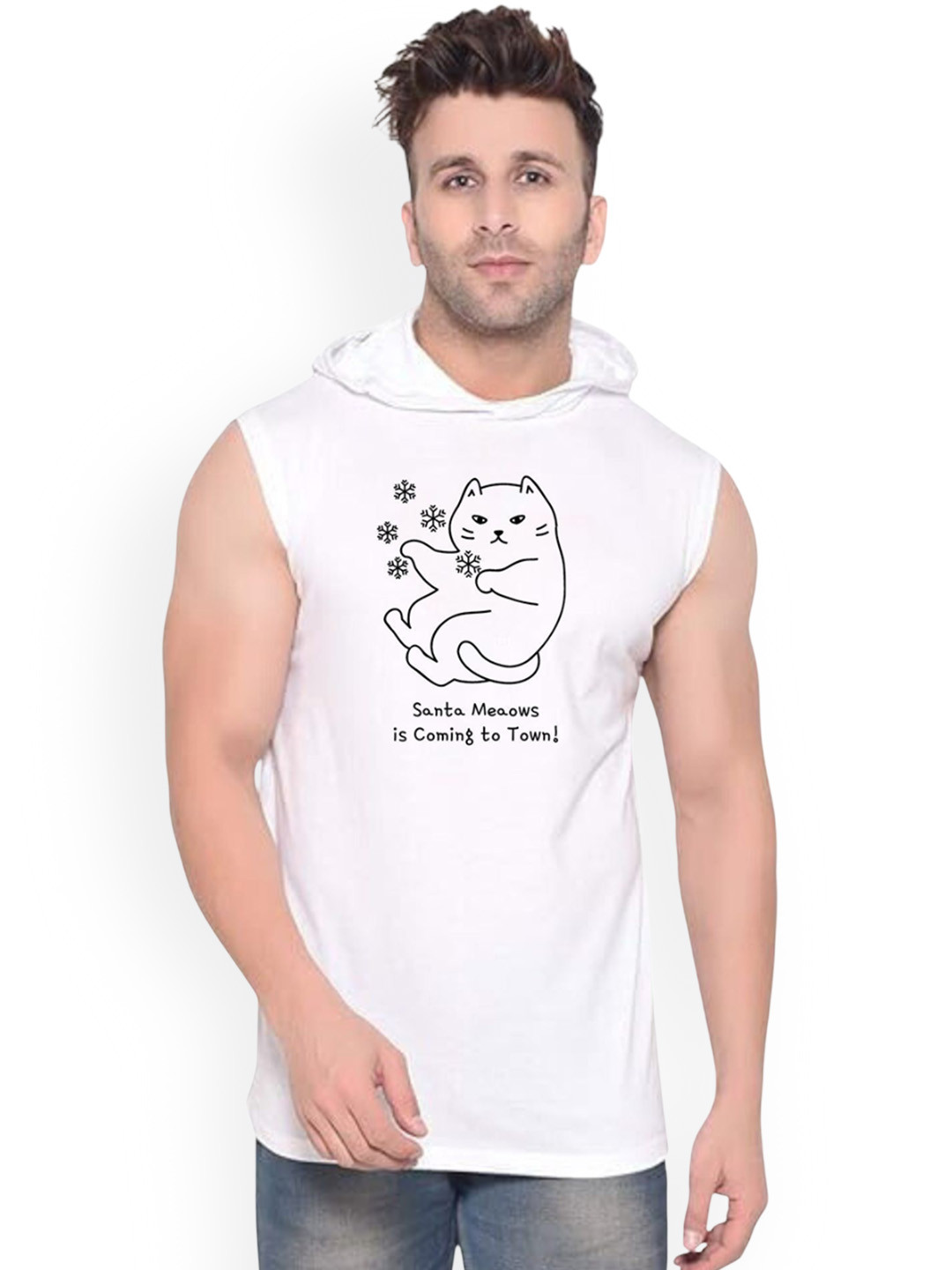 FABSTIEVE Santa Measows Printed Cotton Hooded Neck Gym-Vest