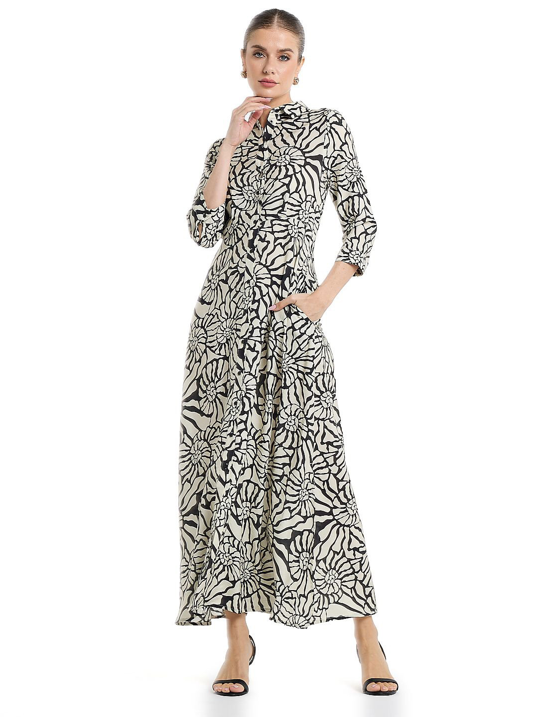 BCBG Abstract Printed Shirt Collar Cotton Maxi Dress