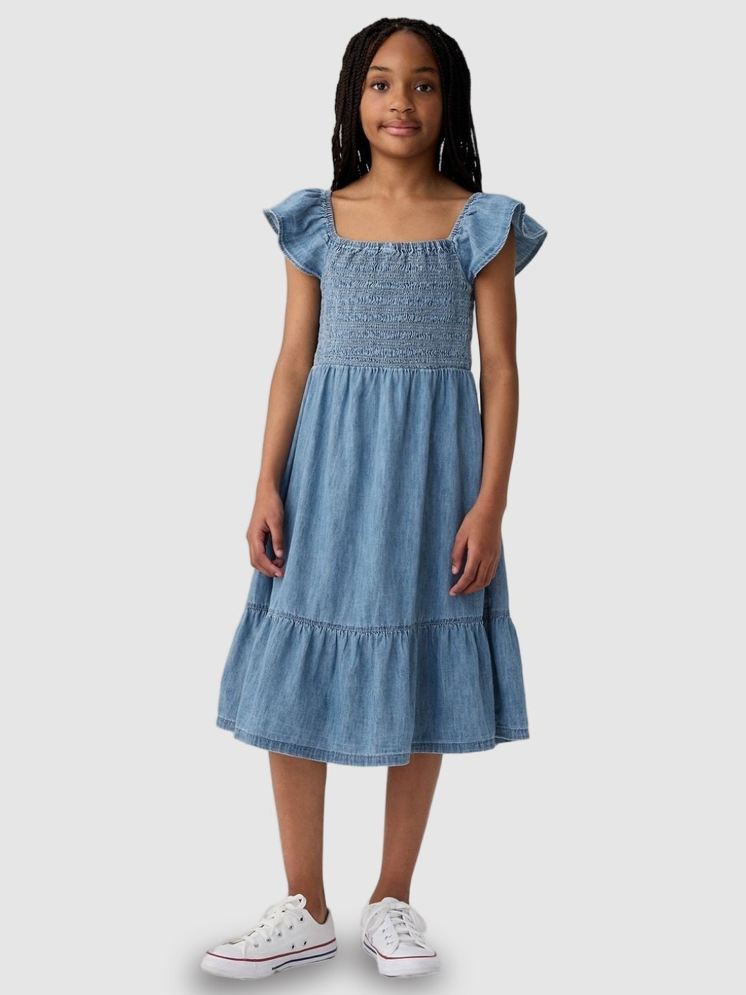 GAP Girls Smocked Bodice Pure Cotton A-Line Dress With Flutter Hem