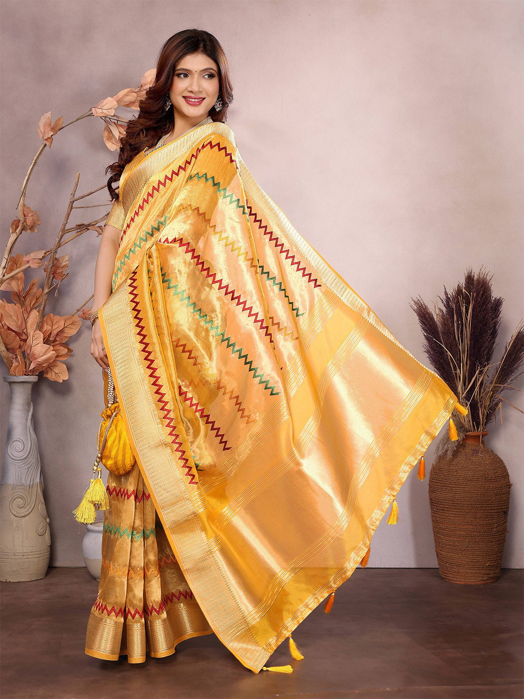 NEGRONI Zigzag Embroidery Zari Silk Cotton Bomkai silk Saree