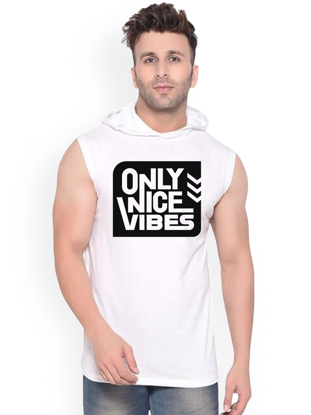 FABSTIEVE Only Nice Vibes Printed Hooded Cotton Gym Vest