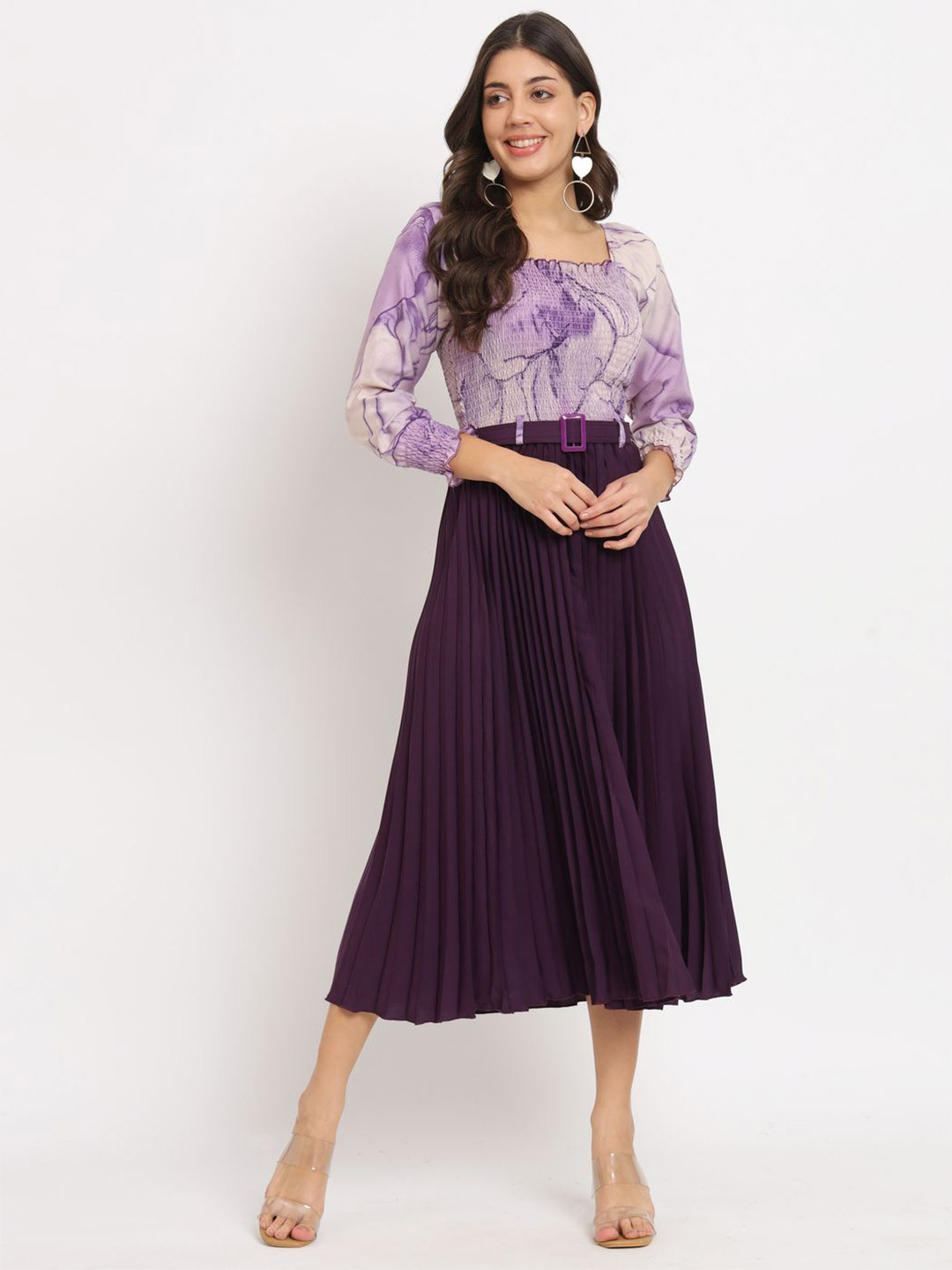 LookShine Floral Printed Square Neck Puff Sleeve A-Line Midi Dress