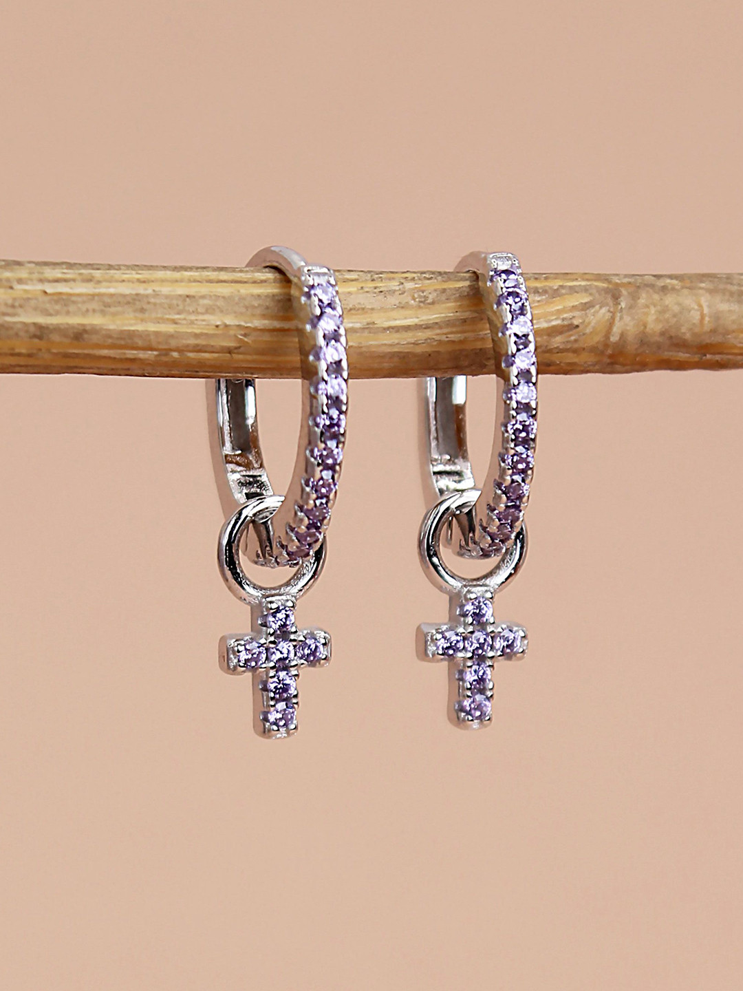 DEVASHREE 925 Sterling Silver Rhodium-Plated Cubic Zirconia Studded Cross Hoop Earrings