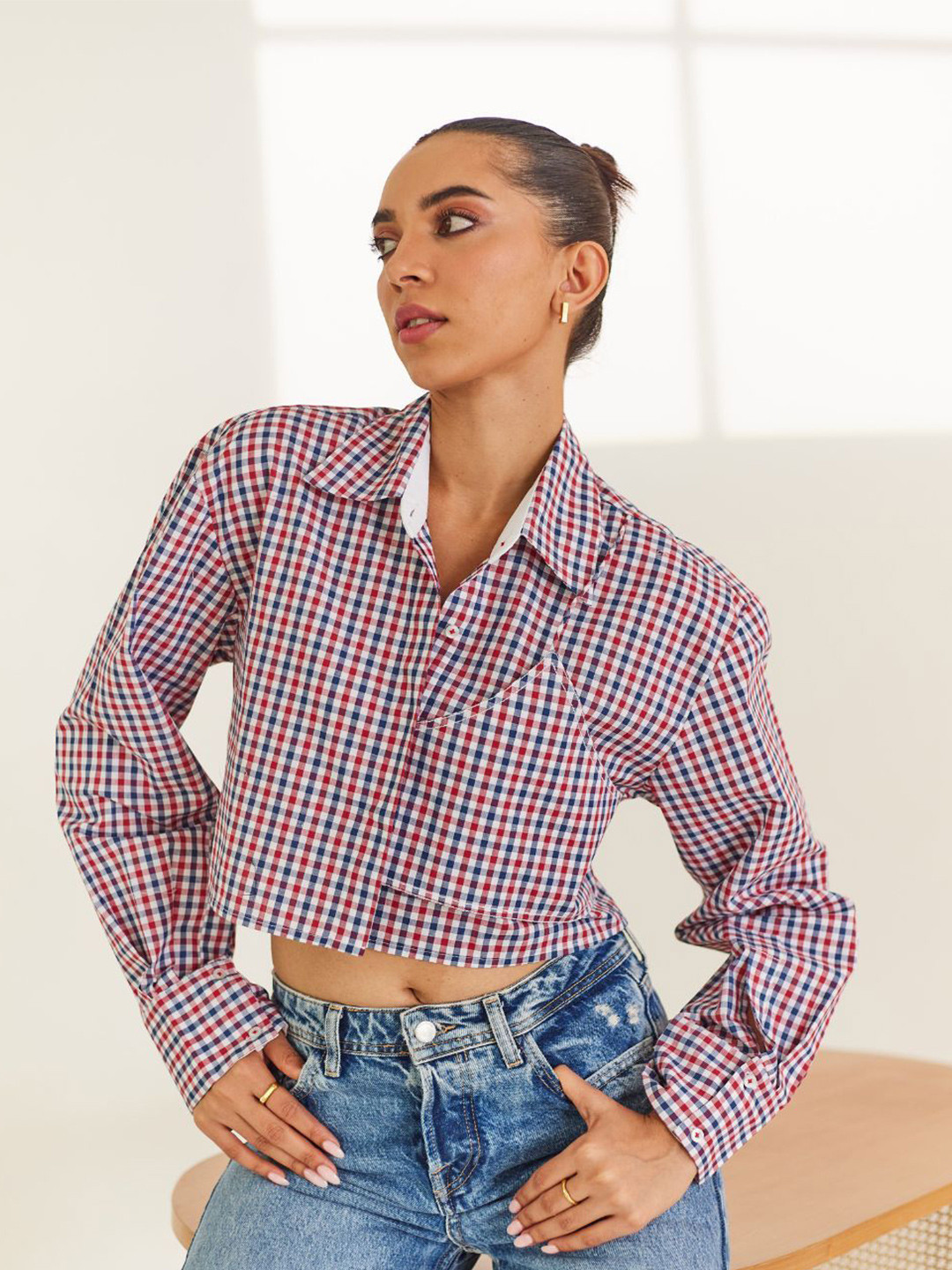 Urban Suburban Edgy Gingham Checked Pure Cotton Casual Cropped Shirt