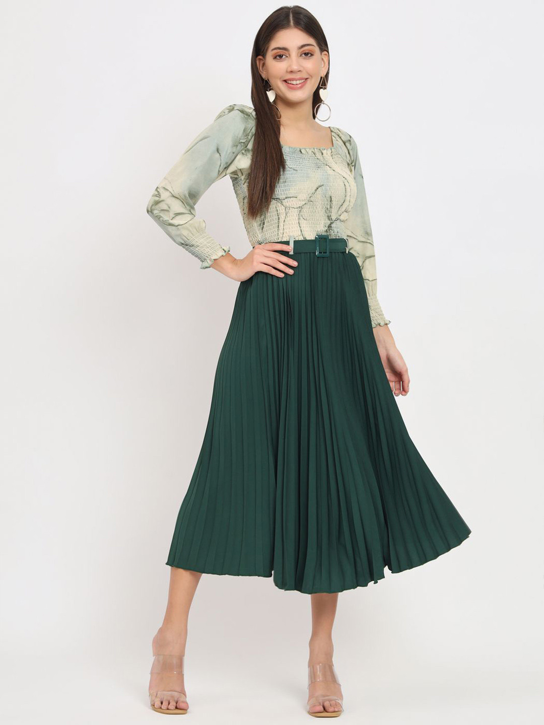 LookShine Women Square Neck Pleated Fit and Flare Midi Dress
