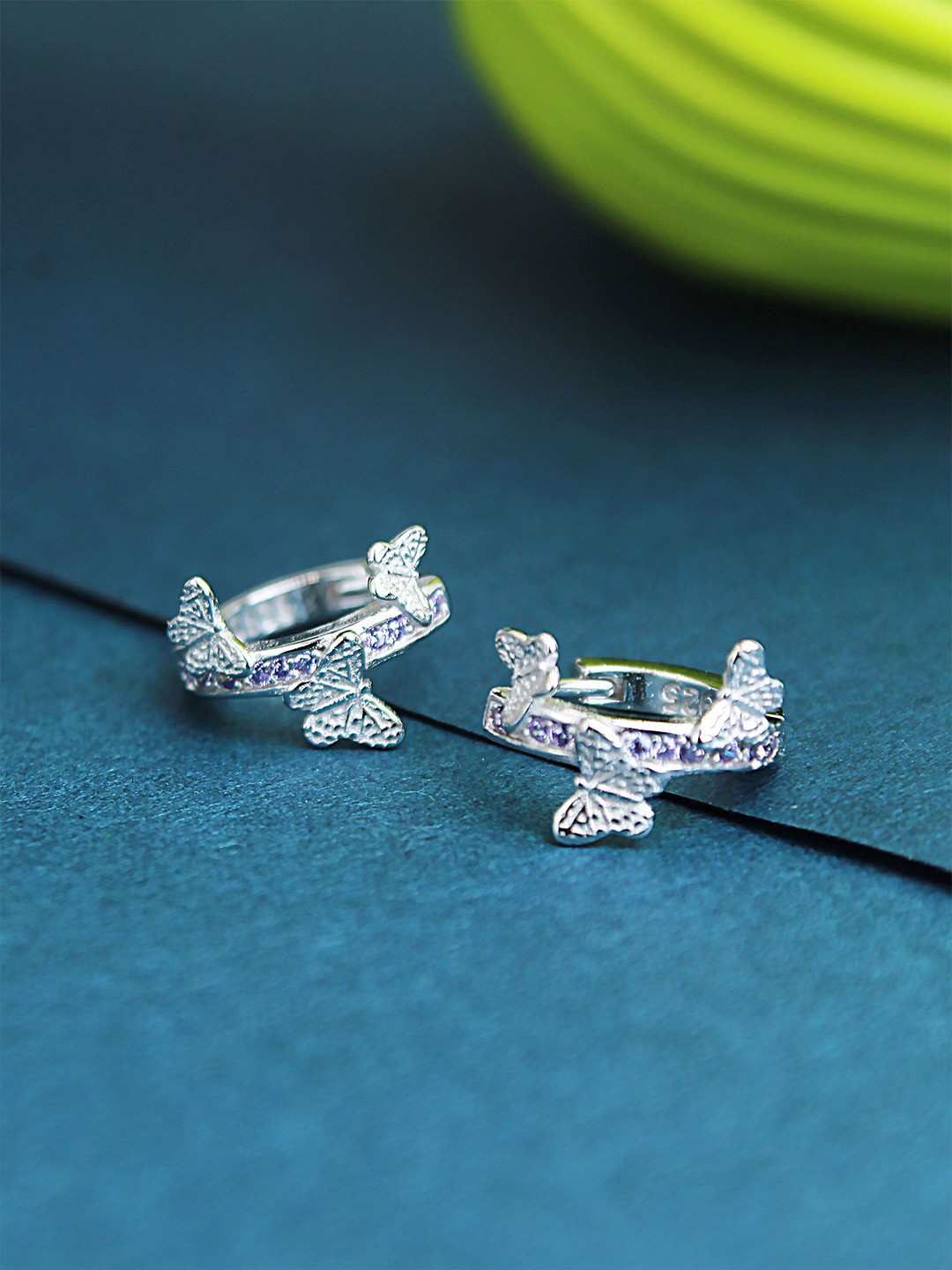 DEVASHREE 925 Sterling Silver Rhodium-Plated Aqua CZ Studded Butterfly Hoop Earrings