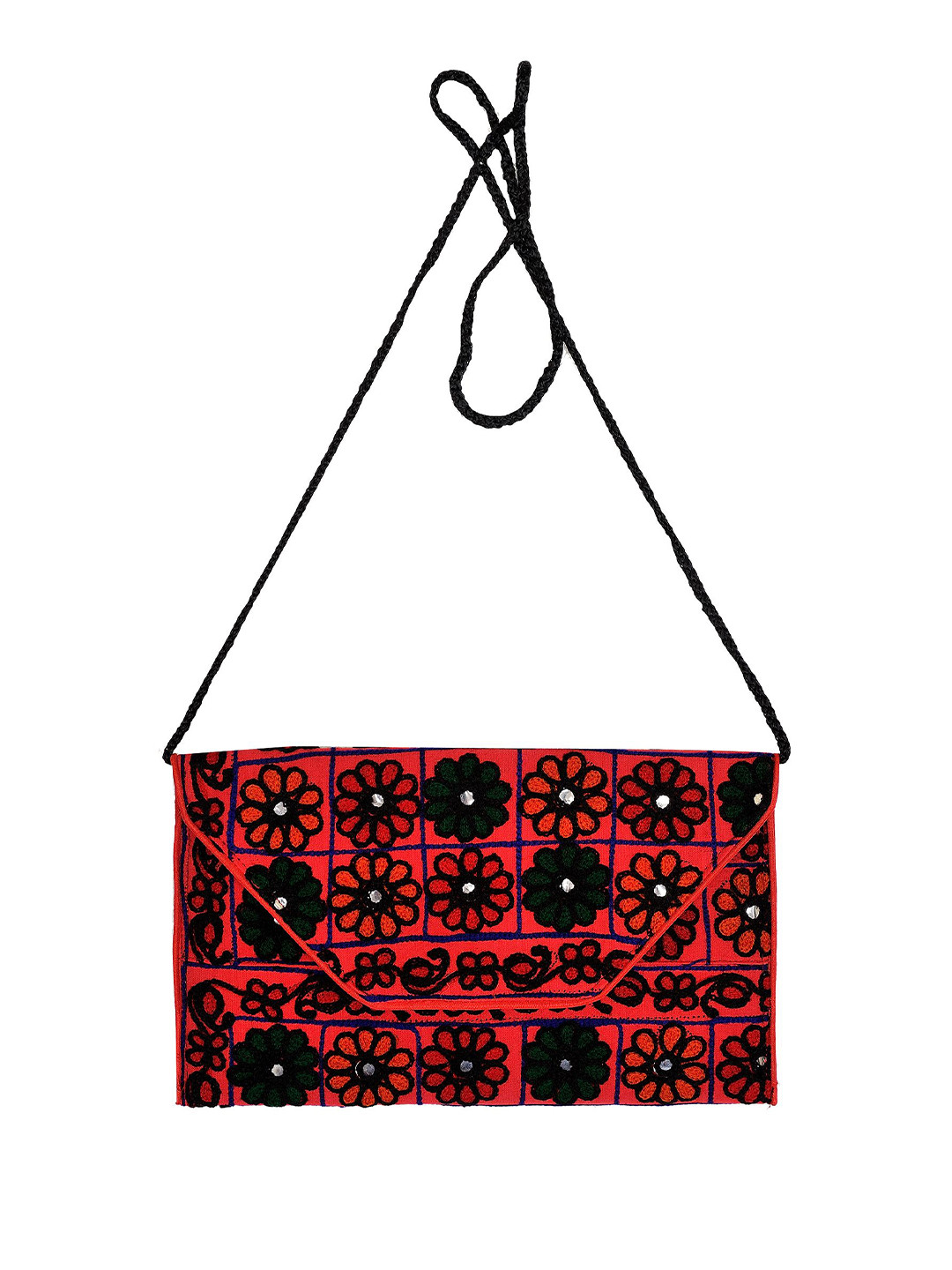 Exotic India Floral Crewel Embroidered Mirror Work Pure Cotton Purse Clutch