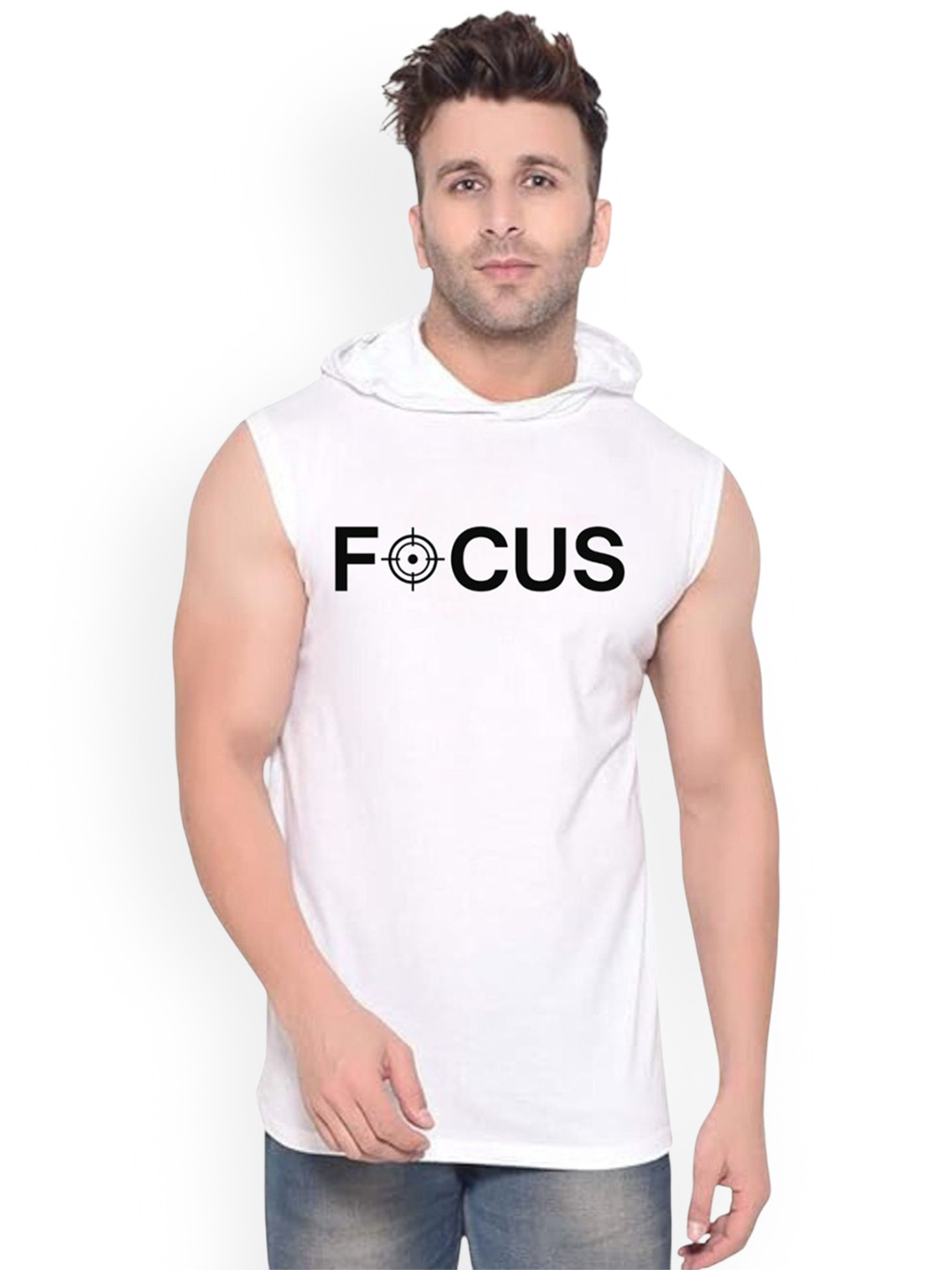 FABSTIEVE Focus Printed Hooded Sleeveless Cotton Gym Vest