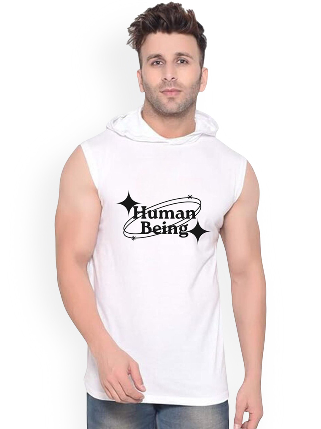 FABSTIEVE Human Being Printed Cotton Hooded Neck Gym-Vest