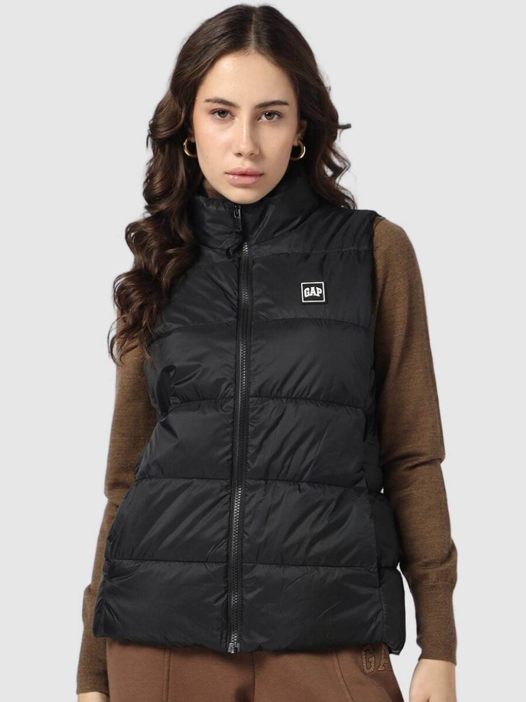 GAP Slim Fit Zip-Front Stand Collar Puffer Jacket With Brand Print