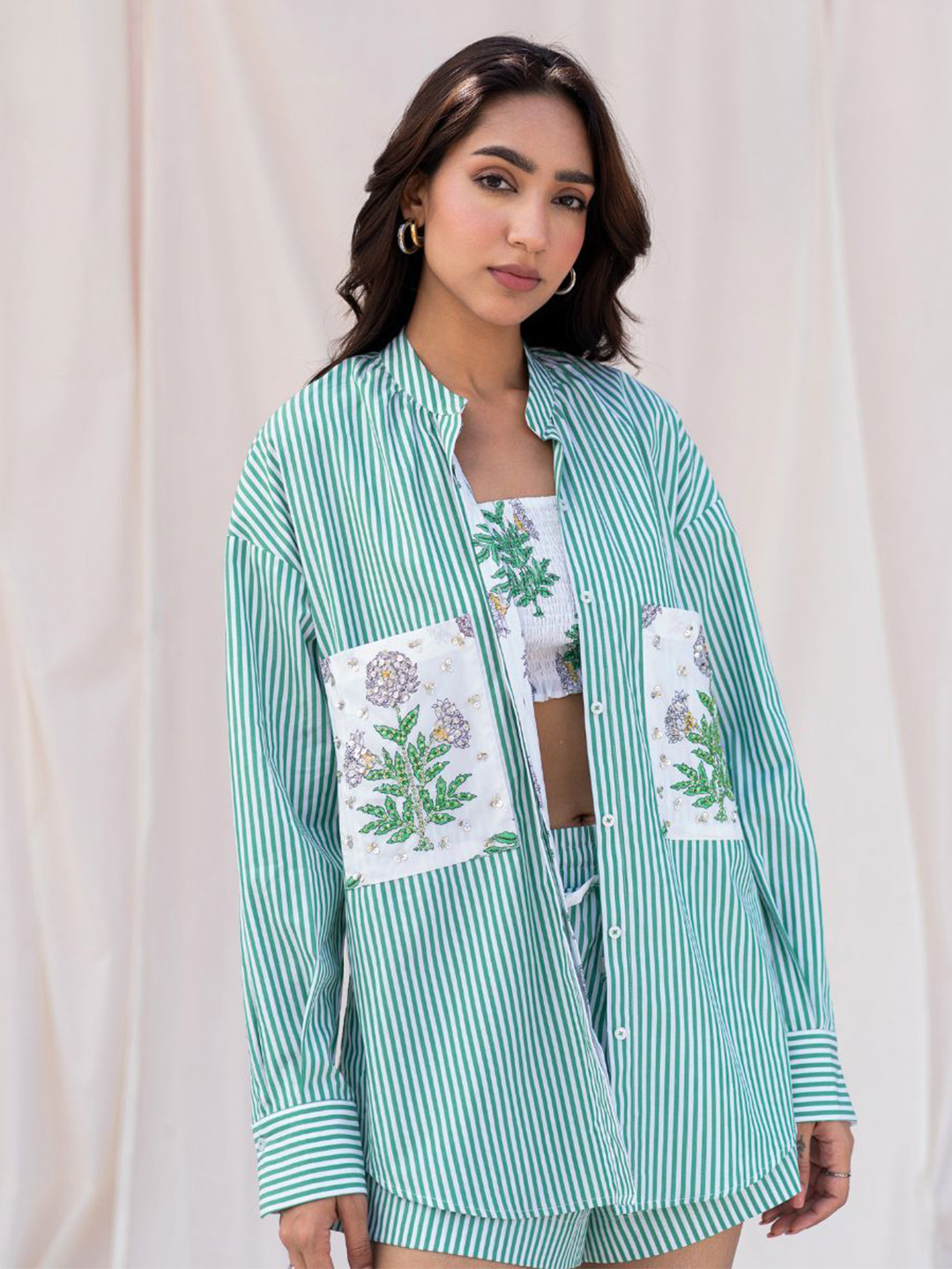 Urban Suburban Oversized Edgy Vertical Striped Embroidered Pure Cotton Casual Shirt