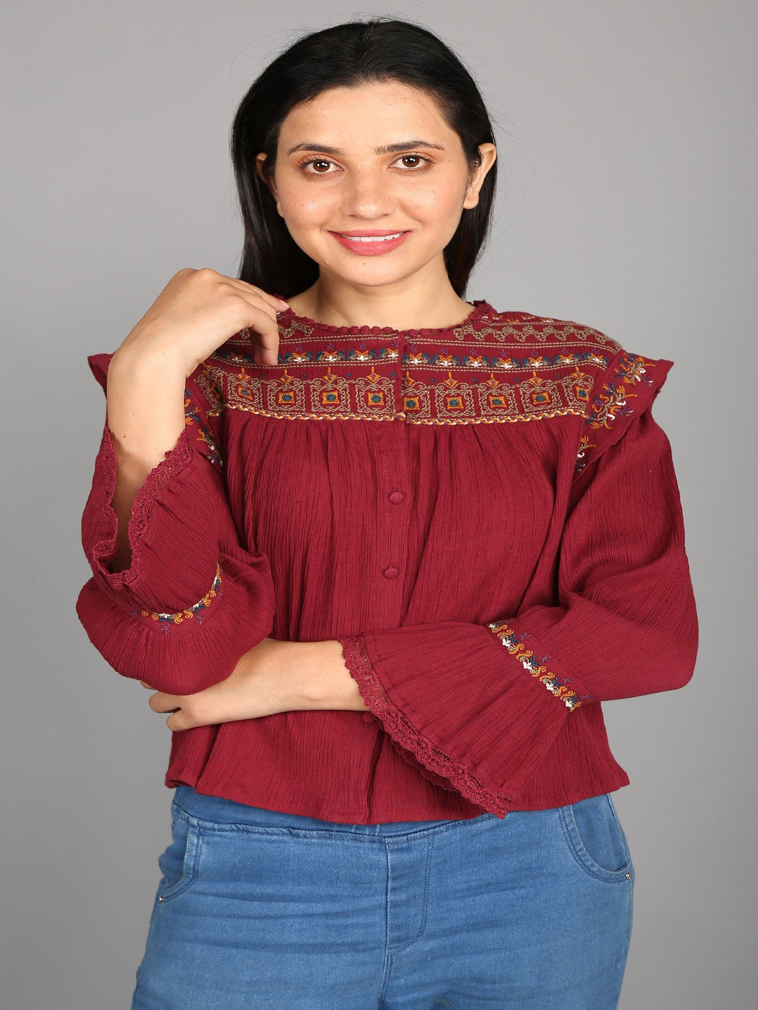 STIL O STITCH Women Flared Sleeve Cotton Crepe Top