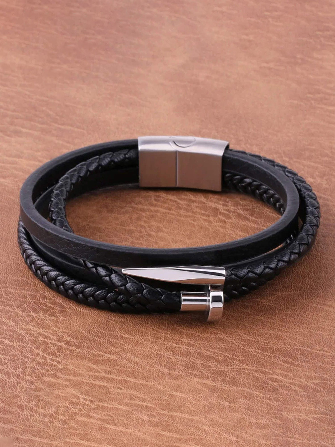 Thrillz Men Silver-Plated Leather Multistrand Nail Stainless Steel Wristwear Bracelet