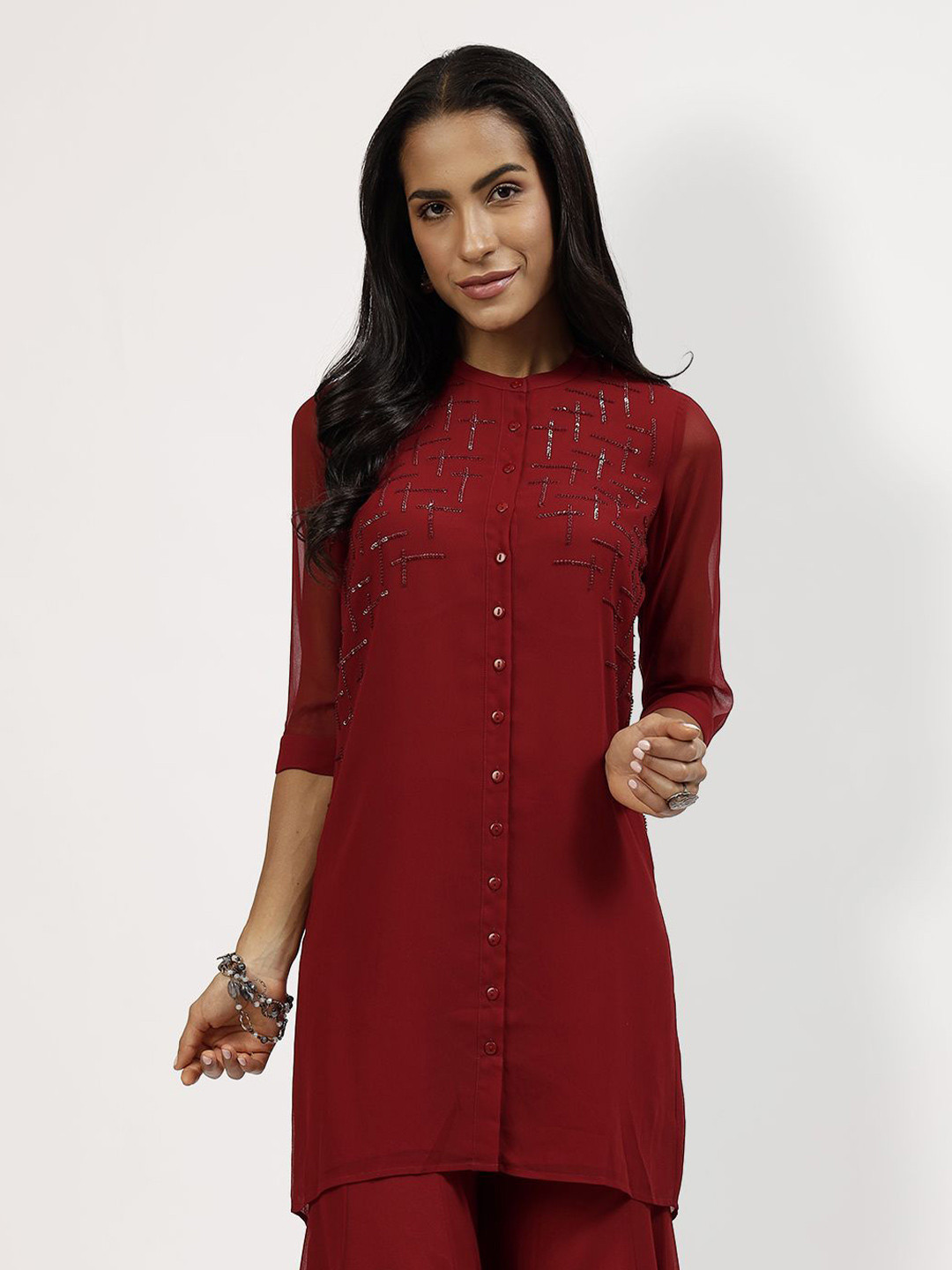 LELA Women Mandarin Collar Embroidered Round Neck Tunic