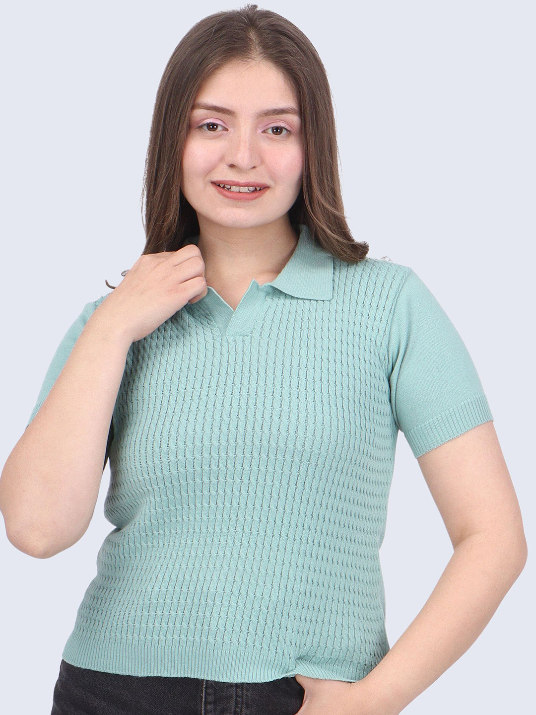 FEVERFEW Striped Self Design Shirt Collar Short Sleeves Cotton Top