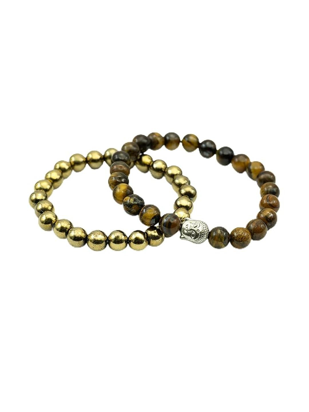 HEALINGGEMS Unisex Pack Of 2 Gold Pyrite with Tiger Eye Bracelets