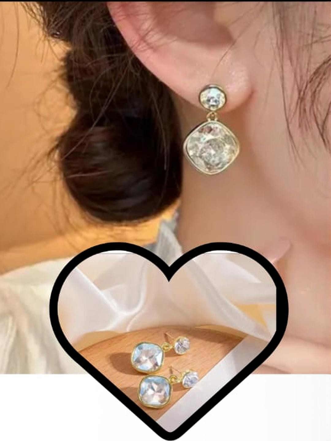 Amrav Women's White Stone Studded Square Drop Earrings