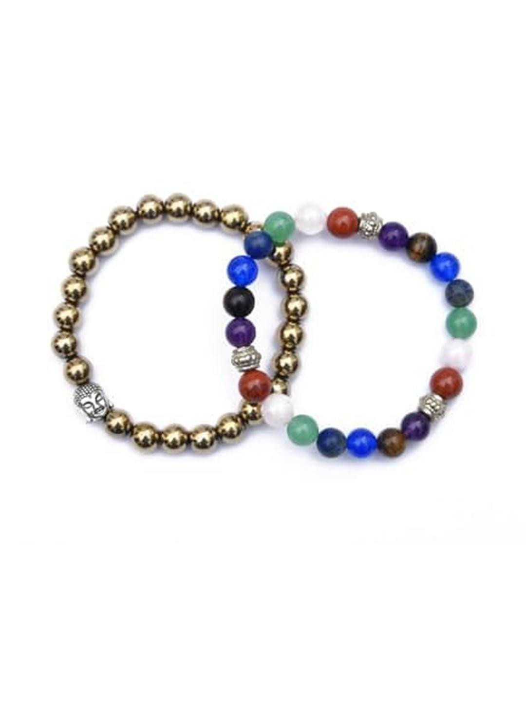 HEALINGGEMS Unisex Pack Of 2 Gold Pyrite with 7 Chakra Bracelet Combo