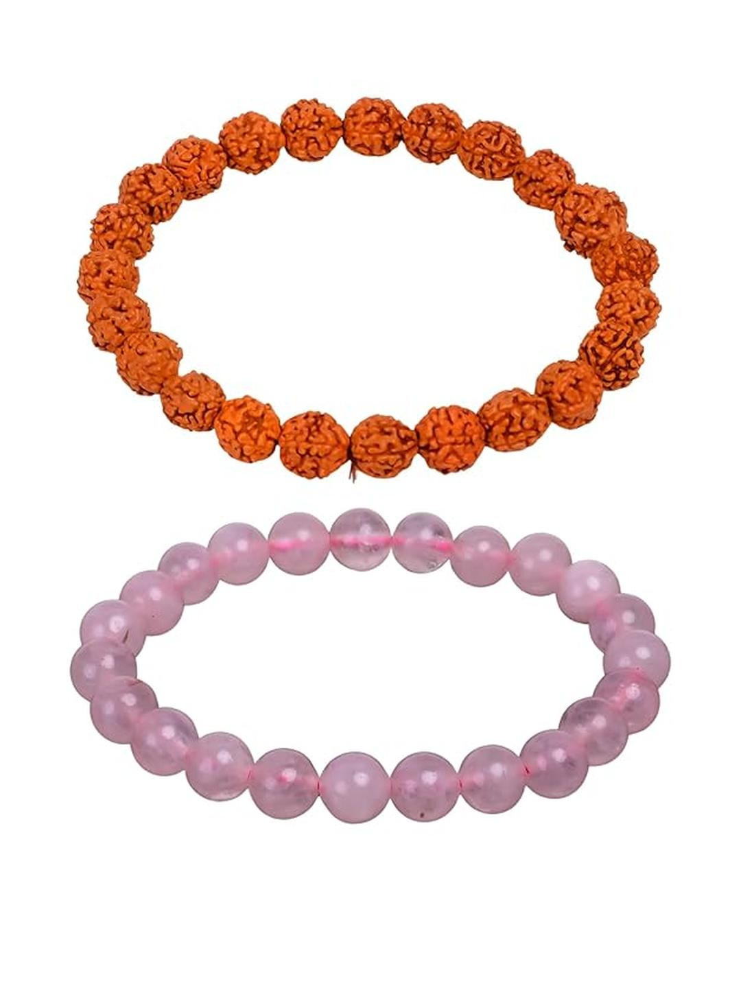 HEALINGGEMS Unisex Pack Of 2 5 Mukhi Rudraksha With Rose Quartz Bracelet Combo