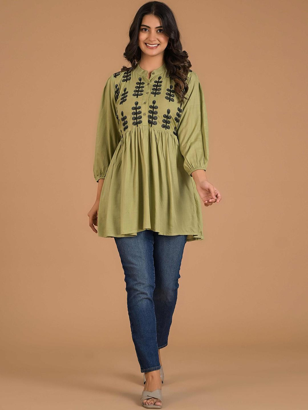 Peachmode Embroidered Women's Mandarin Collar Top