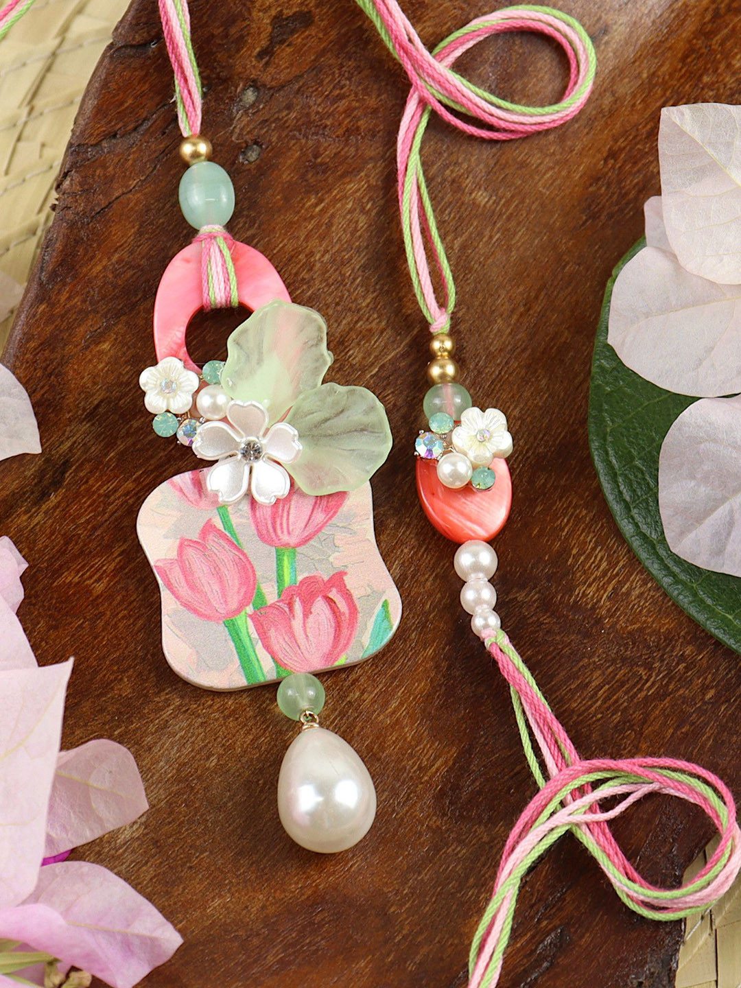 Asthetika Floral Pendant Bhaiya Bhabhi Rakhi Pair with Roli Chawal