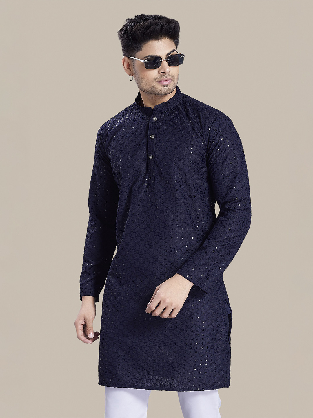 PulseIQ Men Navy Blue Sequinned Kurta