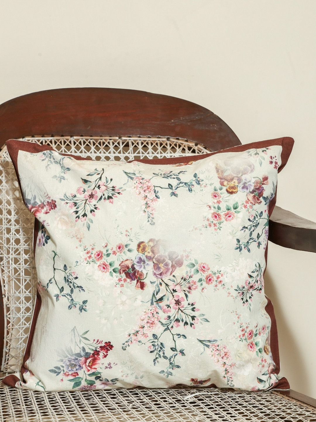 Sangria  Petals and Pinstripes White Printed Cotton Square Cushion Cover