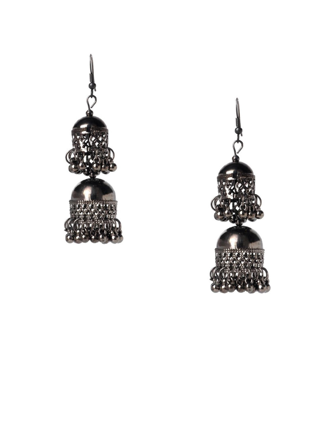 ZURIKRISHA Silver-Plated Artificial Beads Beaded Oxidised Dome Shaped Jhumkas