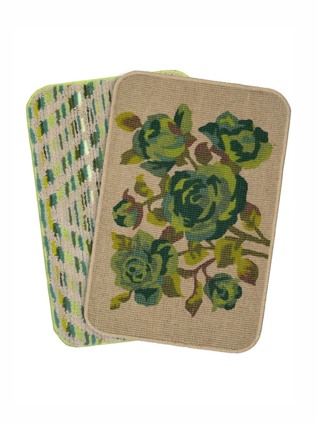 Saral Home 2Pcs Beige & Green Printed Anti-Skid Quick-Drying Doormats