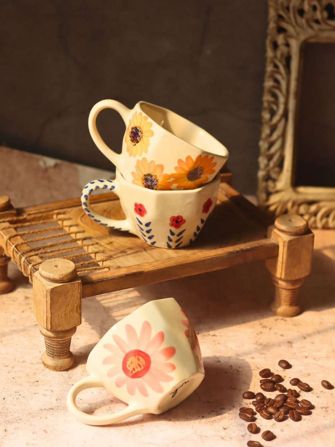 WEAVING HOMES White Crafted Ceramics Textured Ceramic Glossy Cups Set of Cups and Mugs