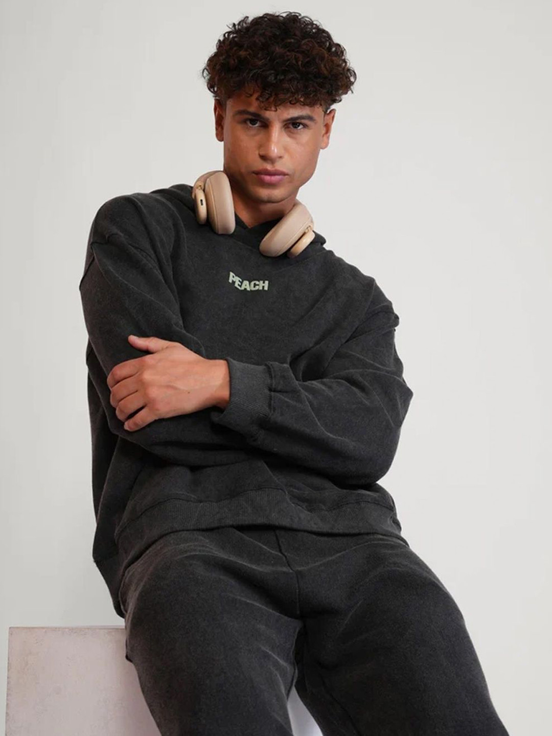 Peach Unisex Typography Printed Hooded Pullover Sweatshirt