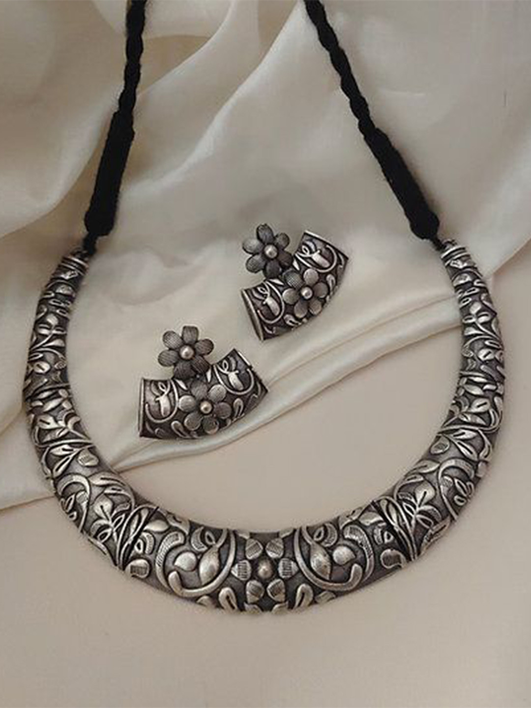 Dulcett Silver-Plated Floral Oxidised Jewellery Set