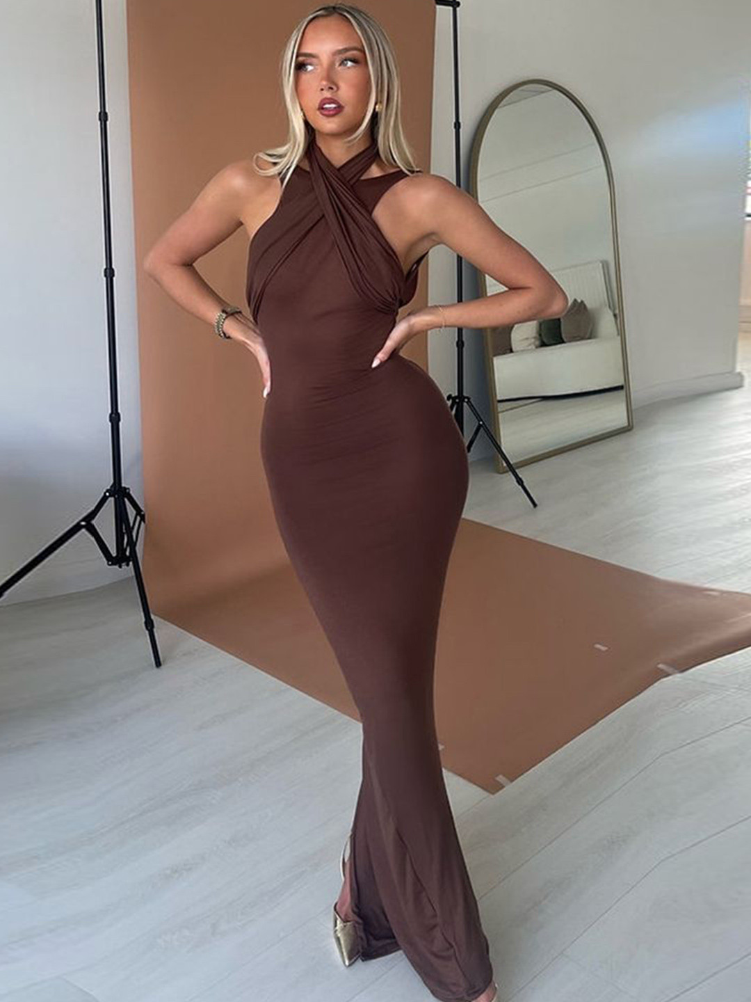 LULU & SKY Women Brown Slits Detail Backless Maxi Dress